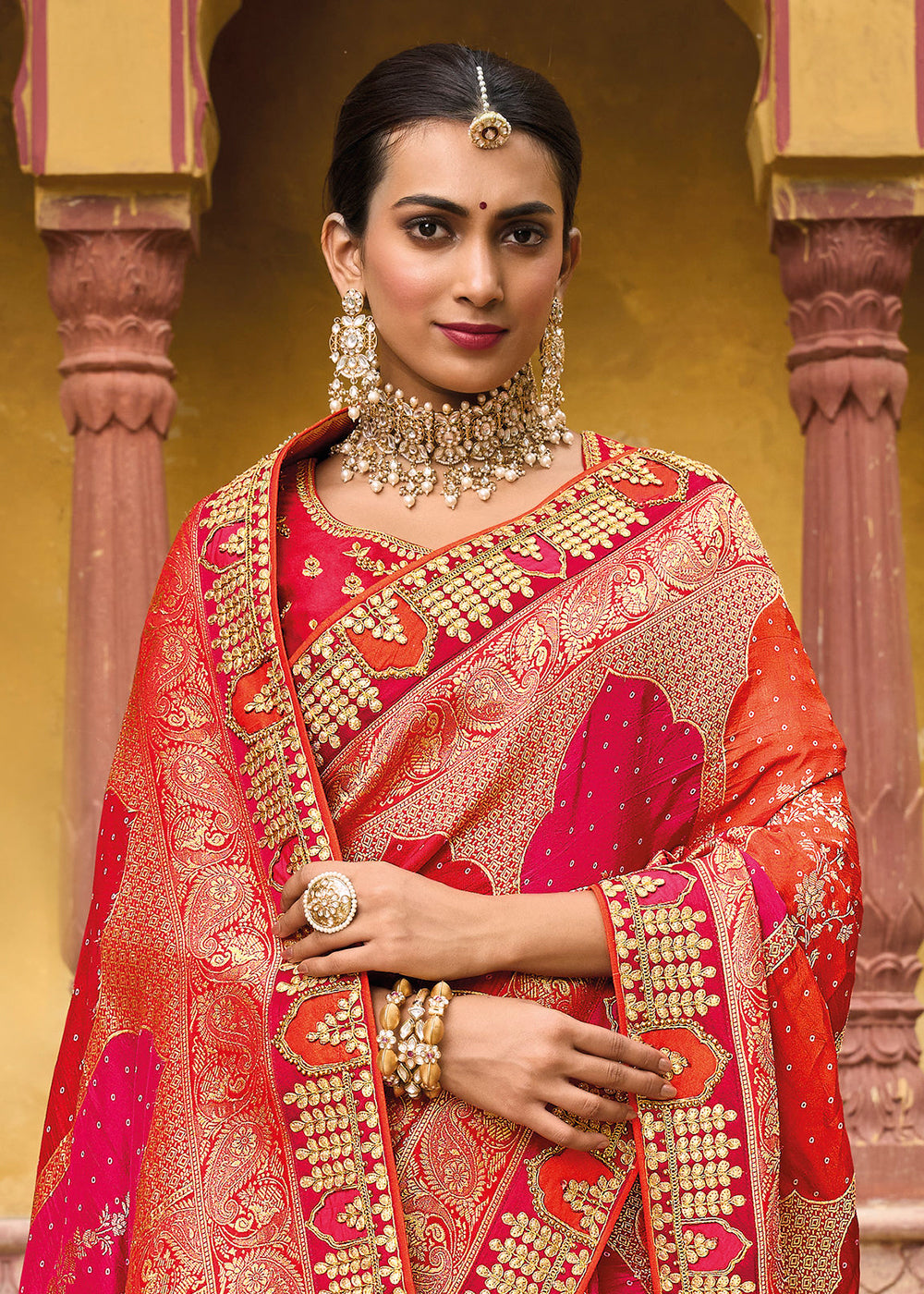 Buy Now Designer Multicolor Orange & Pink Silk Wedding Wear Saree Online in USA, UK, Canada & Worldwide at Empress Clothing. 