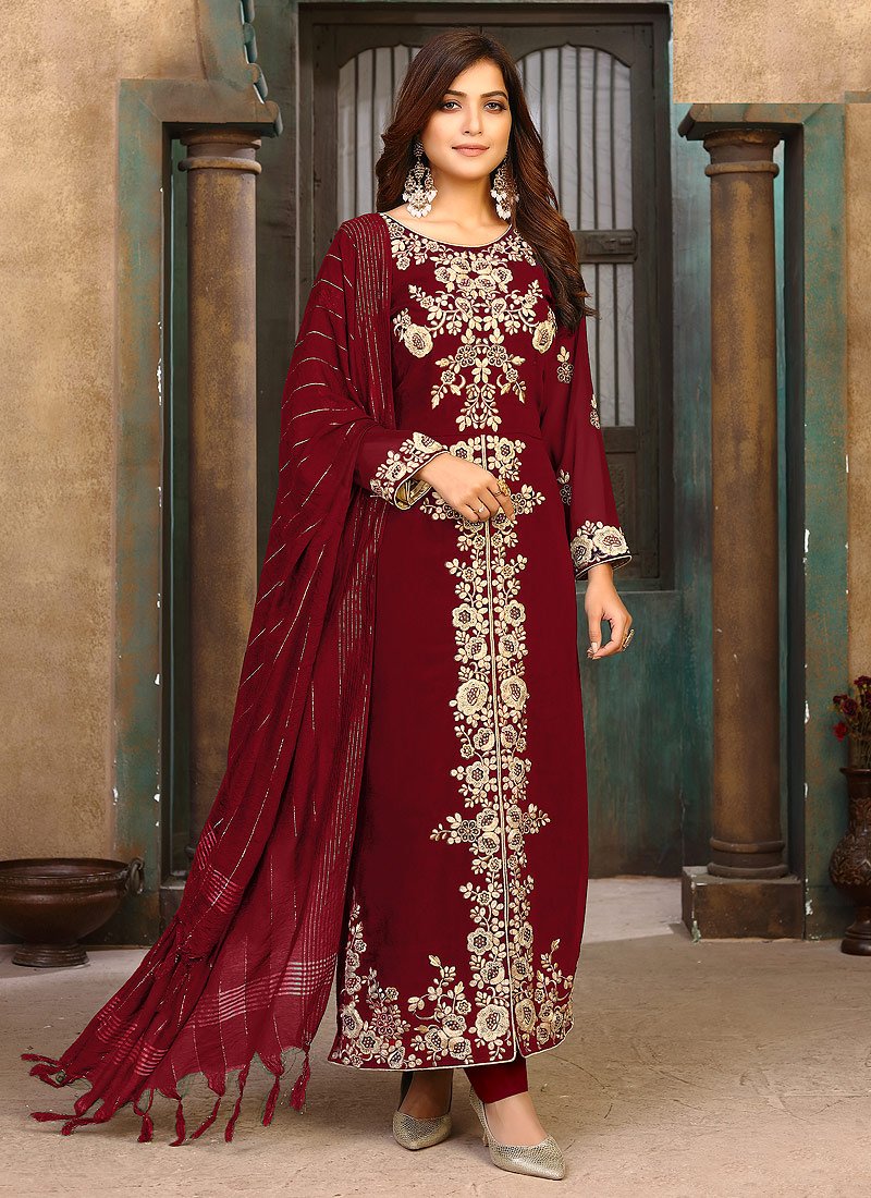 Deep Red Ceremonial Embroidered Pakistani Style Suit