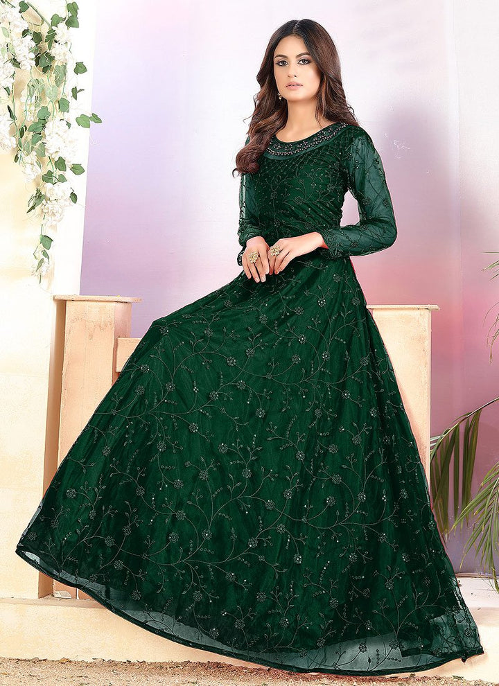 Buy Net Dark Green Anarkali - A Line Embroidered Anarkali Suit