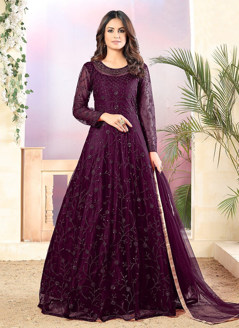 Buy Net Plum Purple Anarkali - A Line Embroidered Anarkali Suit