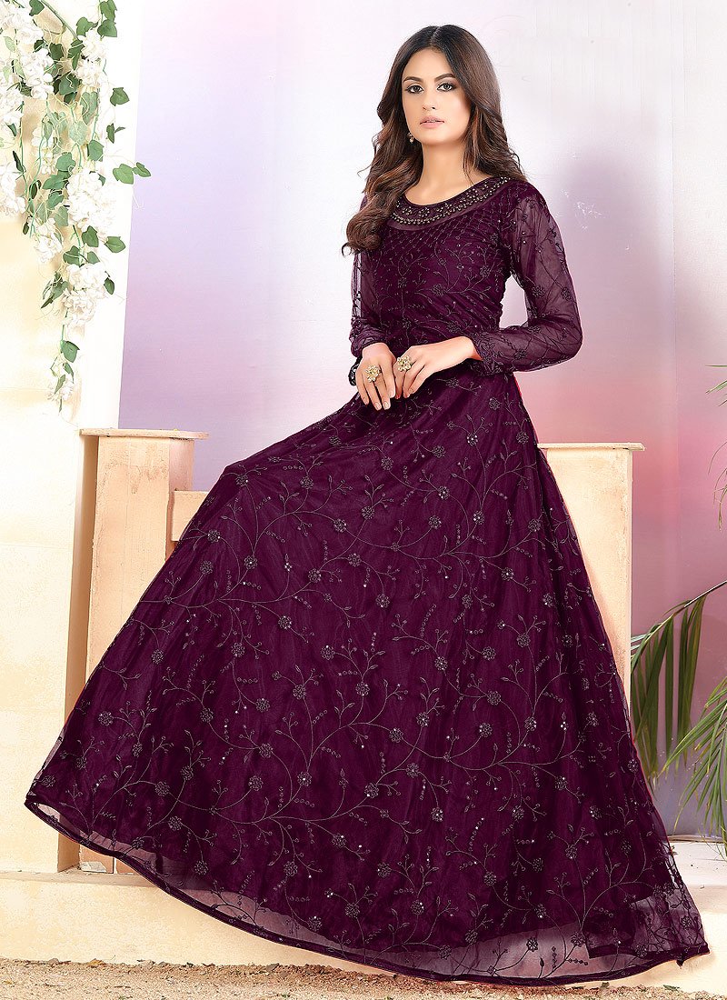 Buy Net Plum Purple Anarkali - A Line Embroidered Anarkali Suit