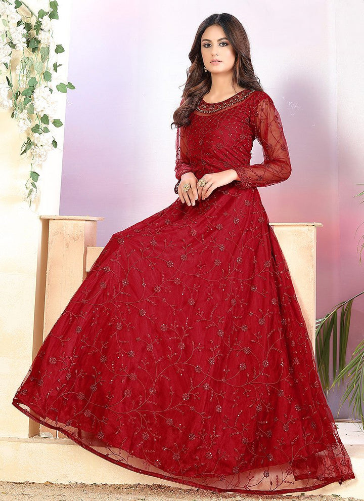 Buy Net Cherry Red Anarkali - A Line Embroidered Anarkali Suit
