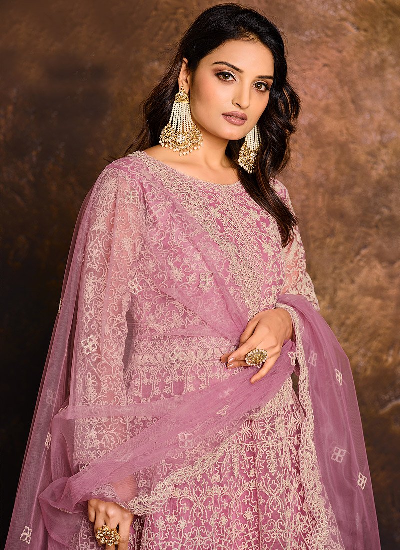 Spunky Pink Embroidered Net Bridal Anarkali Suit
