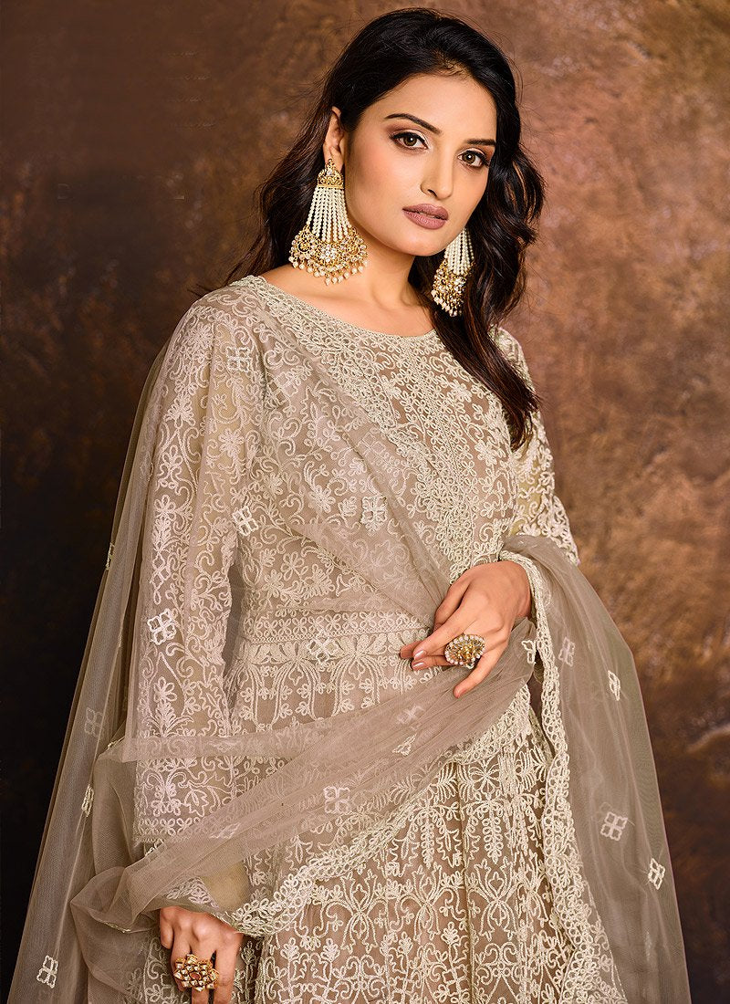 Dusty Beige Embroidered Net Bridal Anarkali Suit