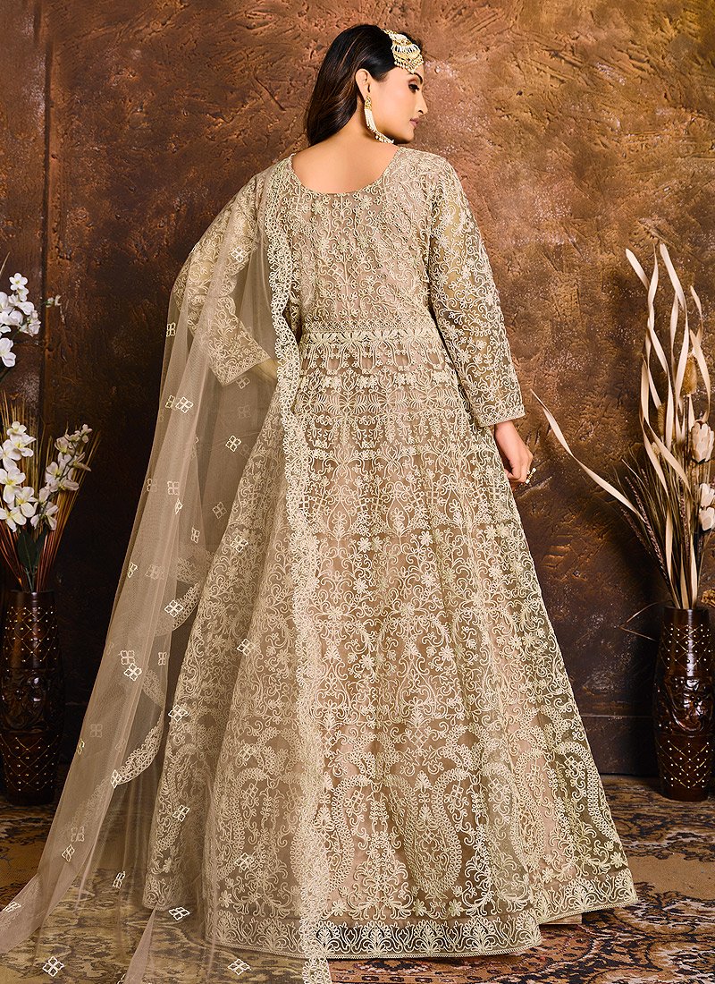 Dusty Beige Embroidered Net Bridal Anarkali Suit