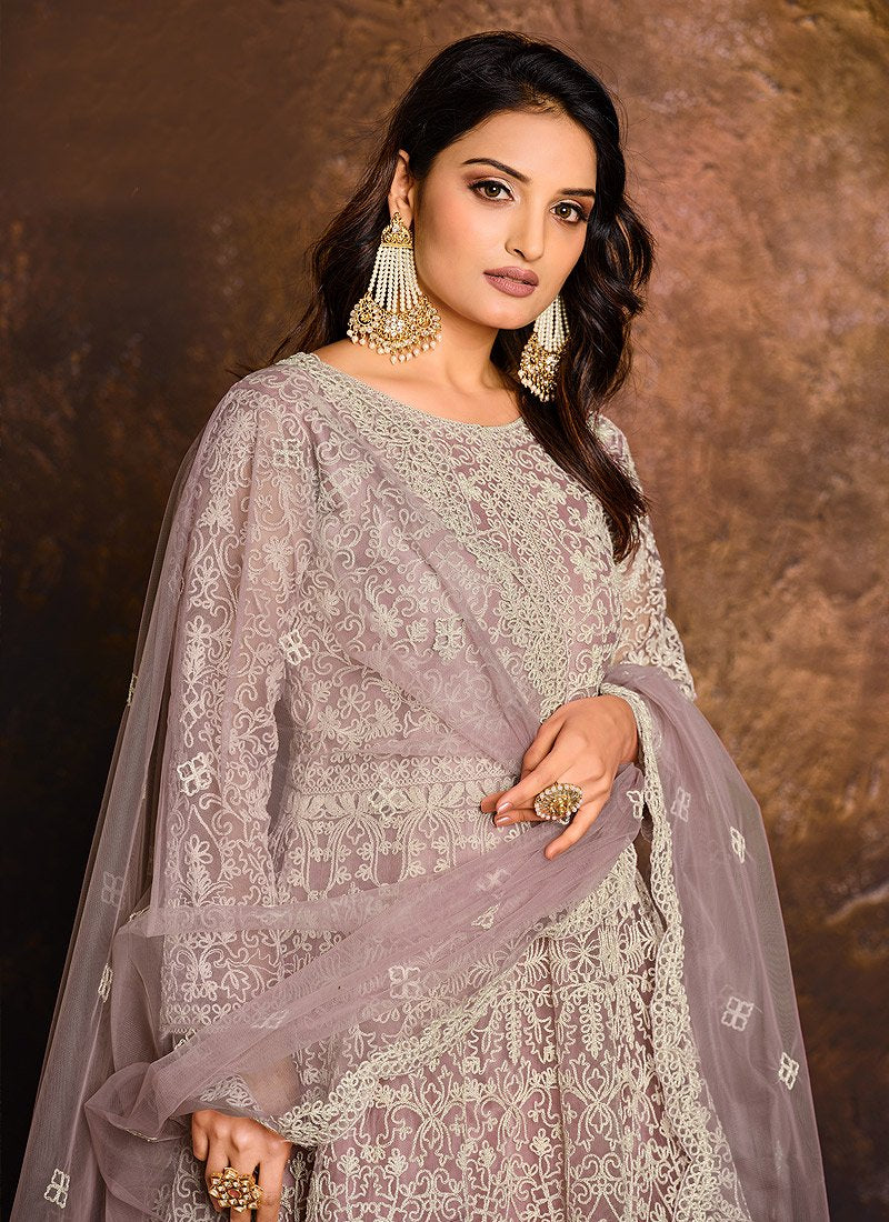 Cloudy Lavender Embroidered Net Bridal Anarkali Suit