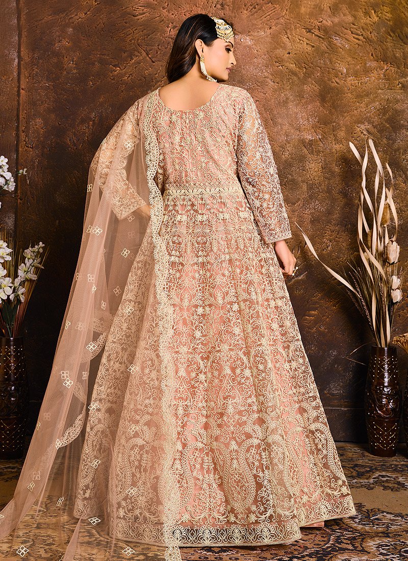 Light Peach Embroidered Net Bridal Anarkali Suit