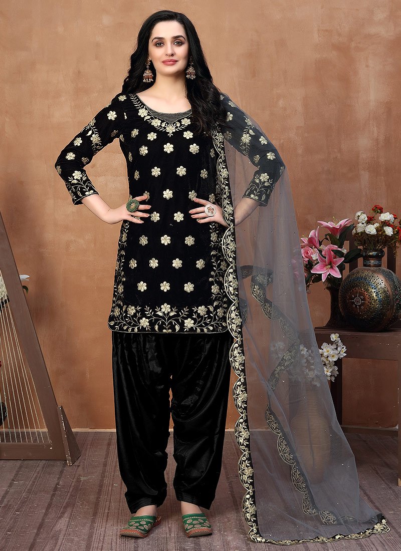 Classy Black Suit - Embroidered Designer Velvet Punjabi Suit