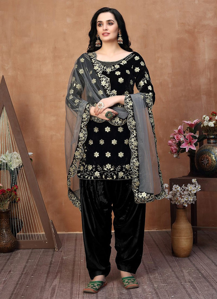 Classy Black Embroidered Designer Velvet Patiala Suit