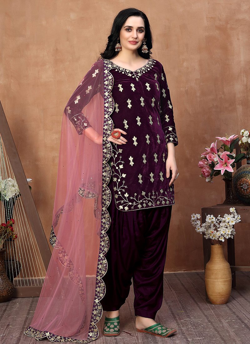 Eye-Catching Purple Suit - Embroidered Designer Velvet Punjabi Suit