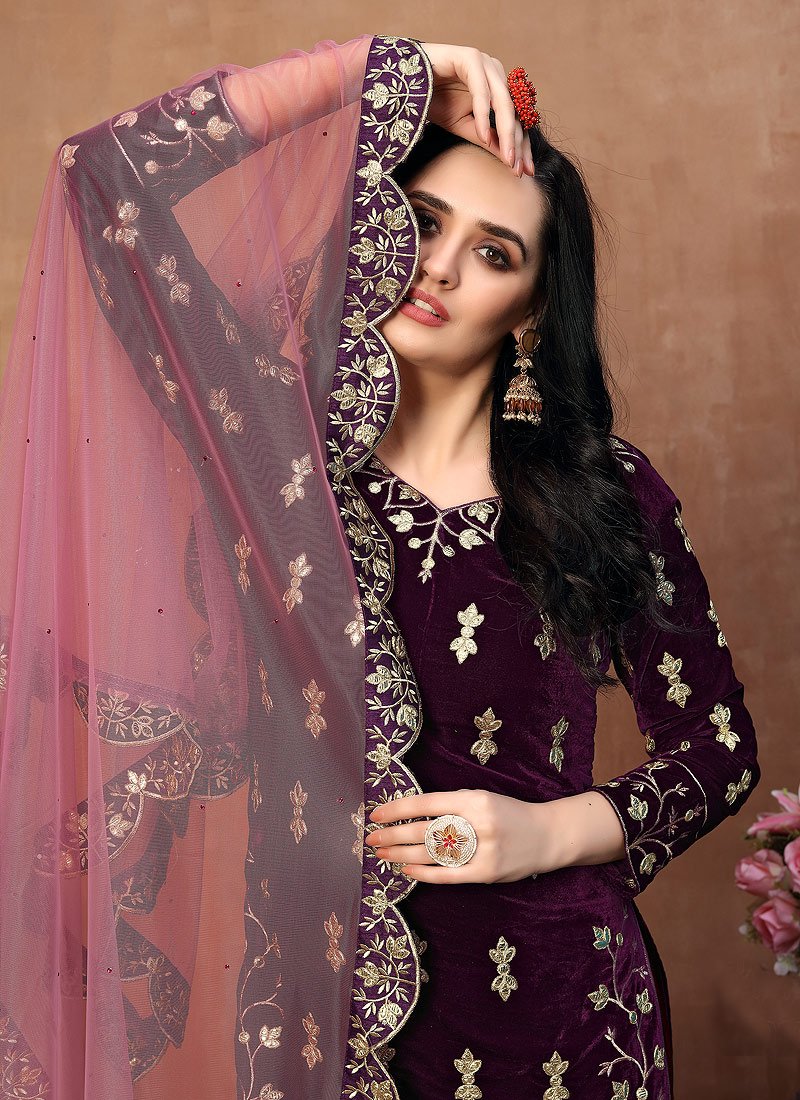 Eye-Catching Purple Embroidered Designer Velvet Patiala Suit