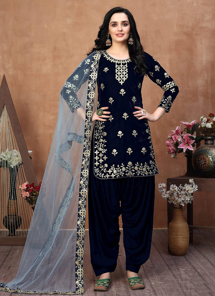 Captivating Blue Suit - Embroidered Designer Velvet Punjabi Suit