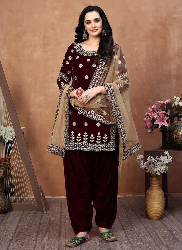 Lovely Maroon Suit - Embroidered Designer Velvet Punjabi Suit