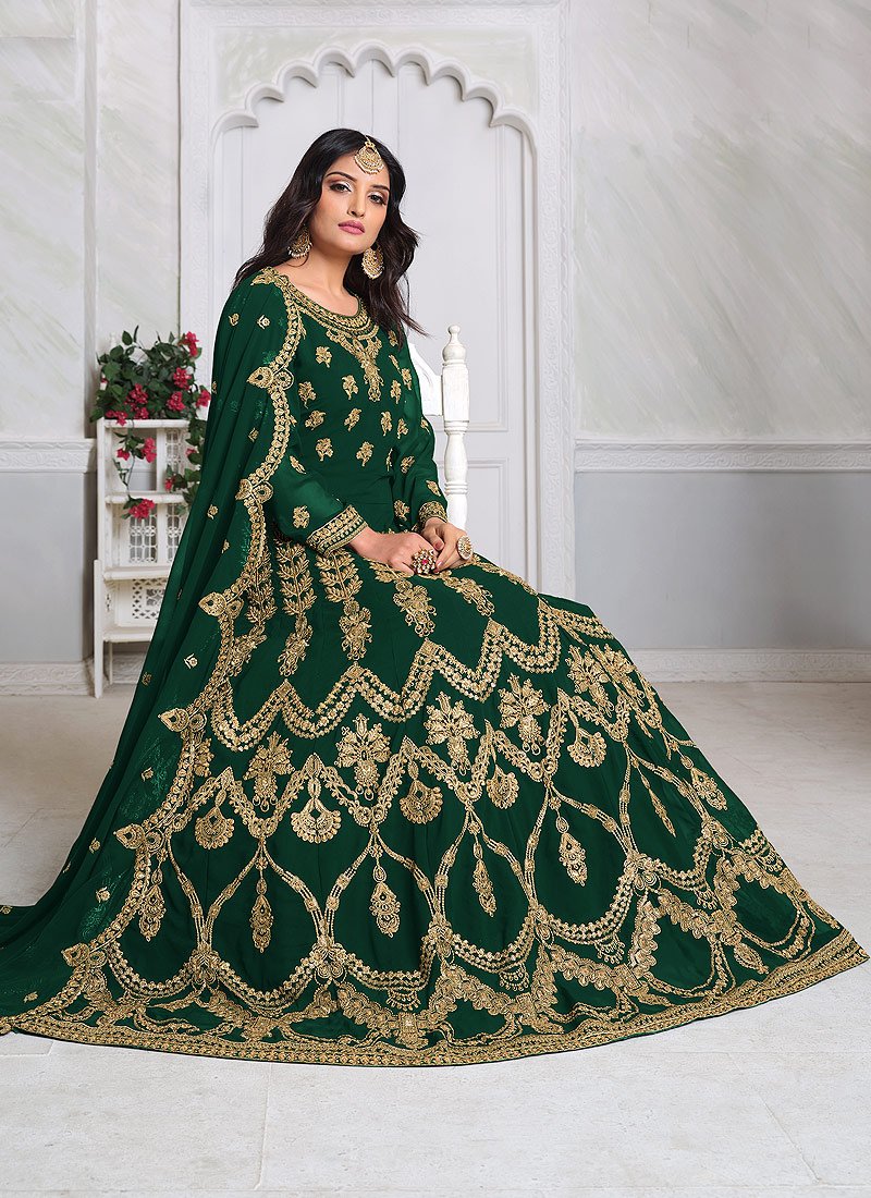 Green Abaya Style Embroidered Anarkali Suit