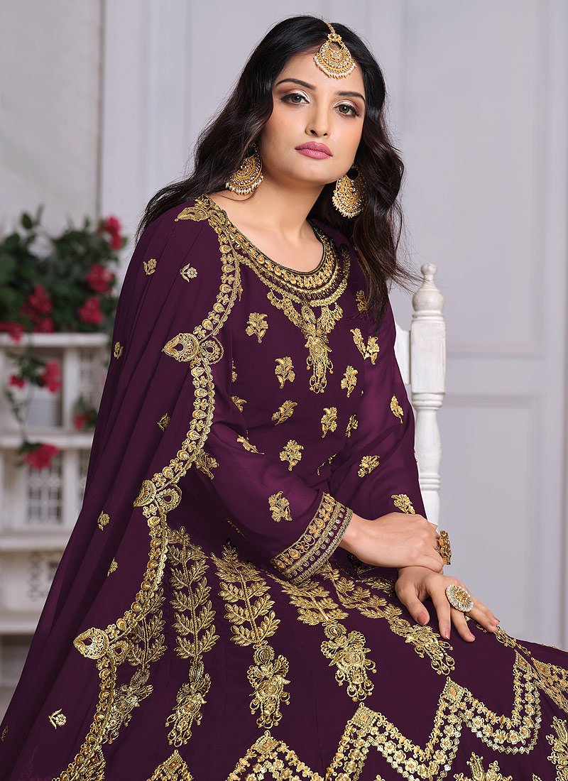 Wine Abaya Style Embroidered Anarkali Suit