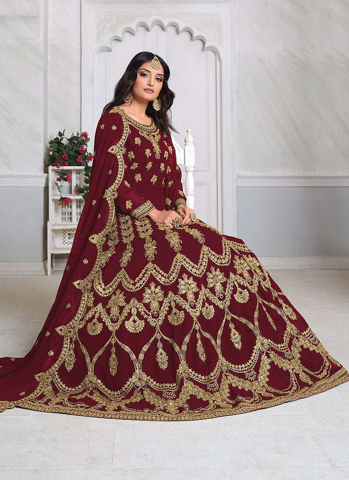 Red Abaya Style Embroidered Anarkali Suit
