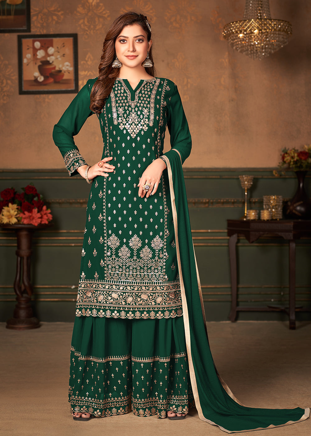 Buy Green Pakistani Sharara Style Suit - Georgette Embroidered Suit