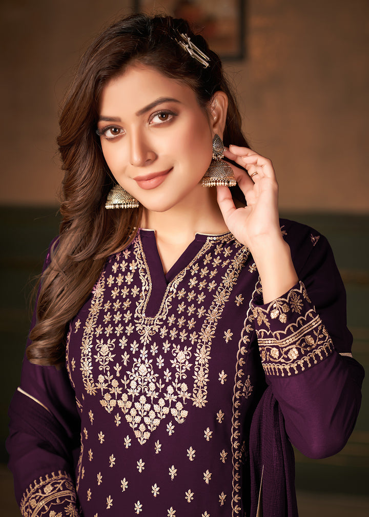 Buy Purple Pakistani Sharara Style Suit - Georgette Embroidered Suit