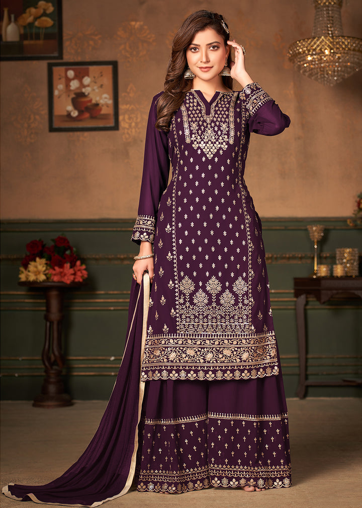 Buy Purple Pakistani Sharara Style Suit - Georgette Embroidered Suit