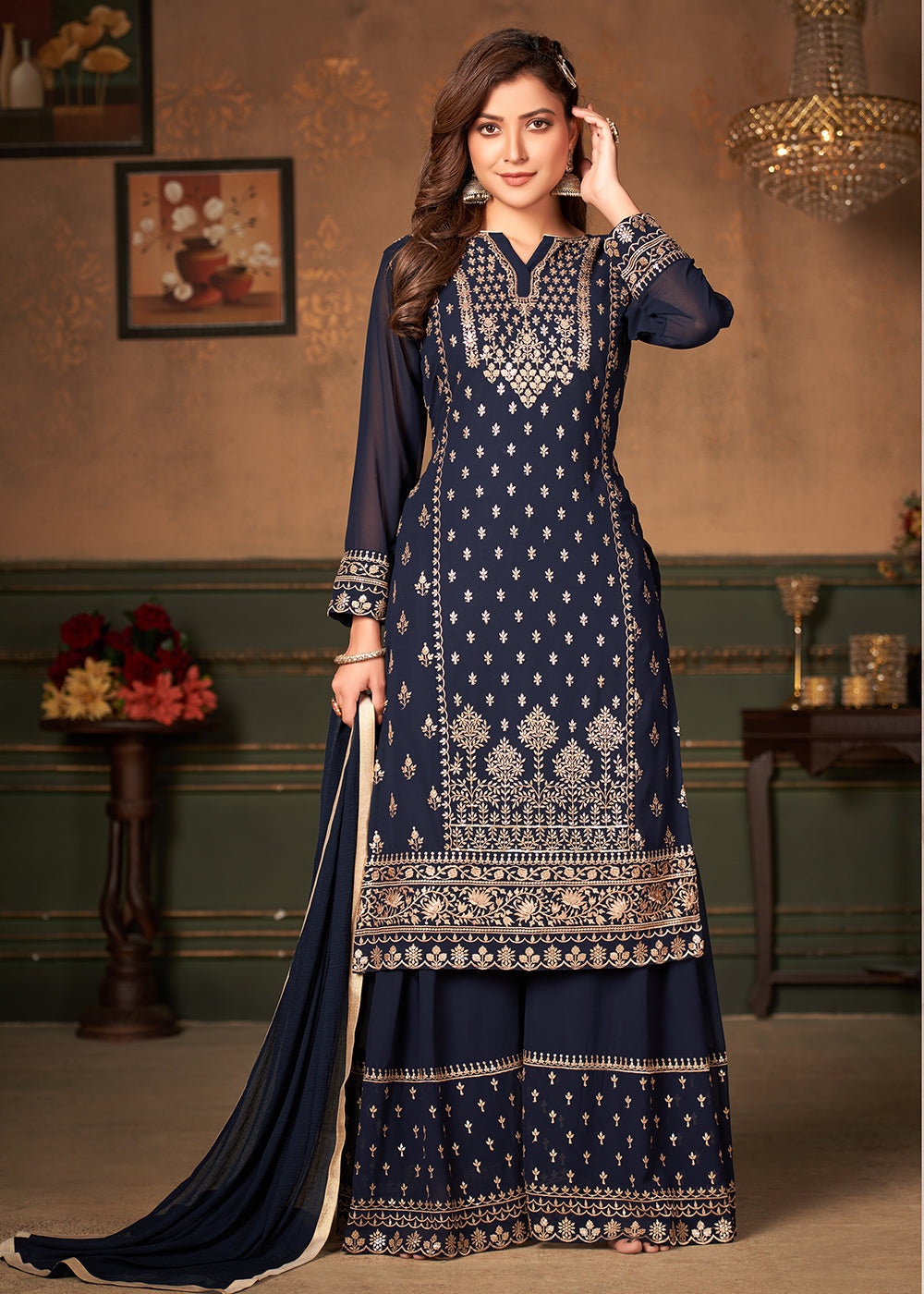 Buy Navy Blue Pakistani Sharara Style Suit - Georgette Embroidered Suit