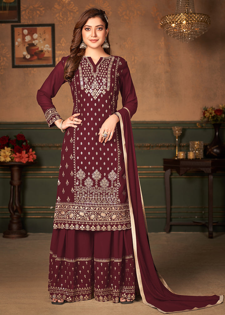 Buy Maroon Pakistani Sharara Style Suit - Georgette Embroidered Suit