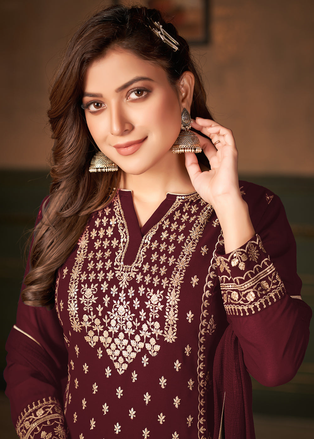 Buy Maroon Pakistani Sharara Style Suit - Georgette Embroidered Suit