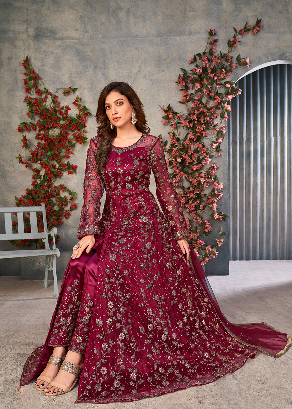 Buy Wedding Function Anarkali Mesmerizing Maroon Pant Style