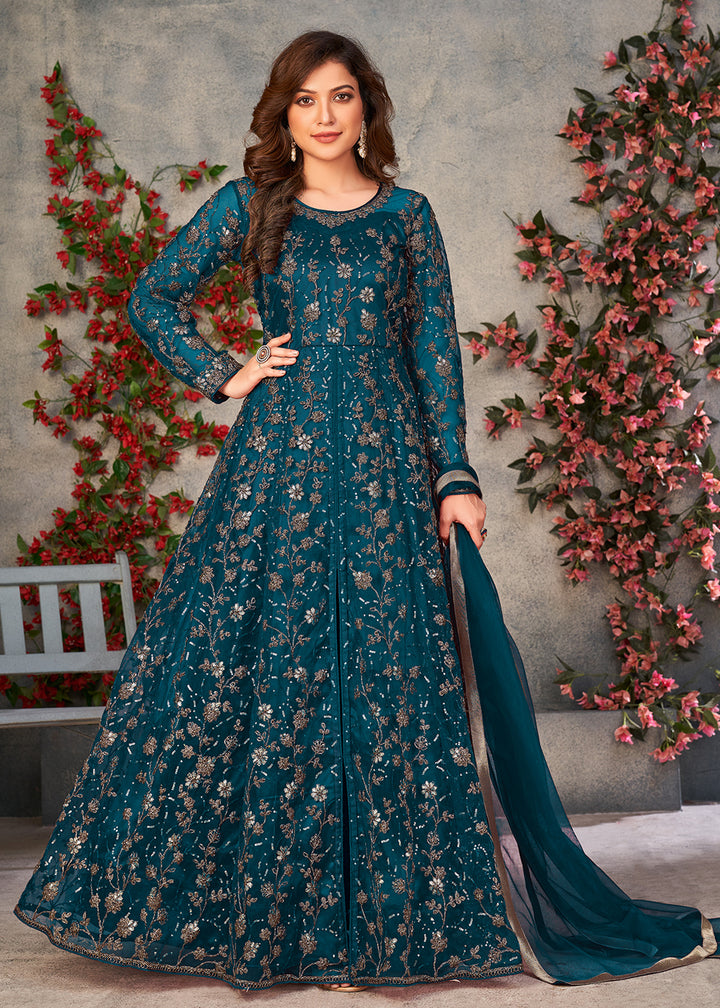 Buy Now Vintage Teal Blue Wedding Function Pant Style Anarkali Suit Online in USA, UK, Australia, New Zealand, Canada & Worldwide at Empress Clothing.
