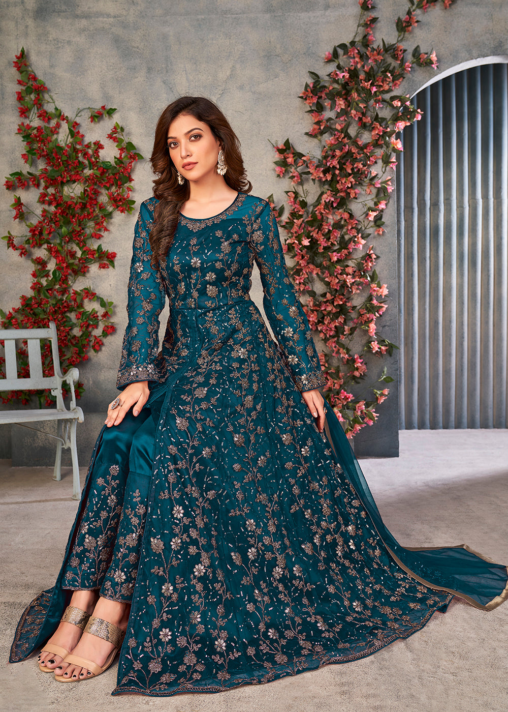 Buy Now Vintage Teal Blue Wedding Function Pant Style Anarkali Suit Online in USA, UK, Australia, New Zealand, Canada & Worldwide at Empress Clothing.