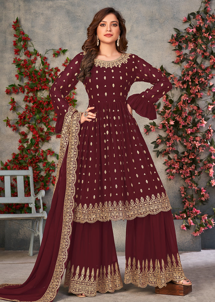 Shop Now Marvelous Maroon Georgette Sangeet Wear Sharara Suit Online at Empress Clothing in USA, UK, Canada, Germany & Worldwide.