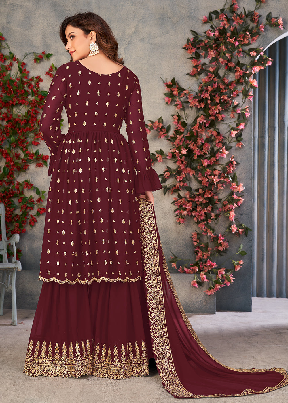 Shop Now Marvelous Maroon Georgette Sangeet Wear Sharara Suit Online at Empress Clothing in USA, UK, Canada, Germany & Worldwide.
