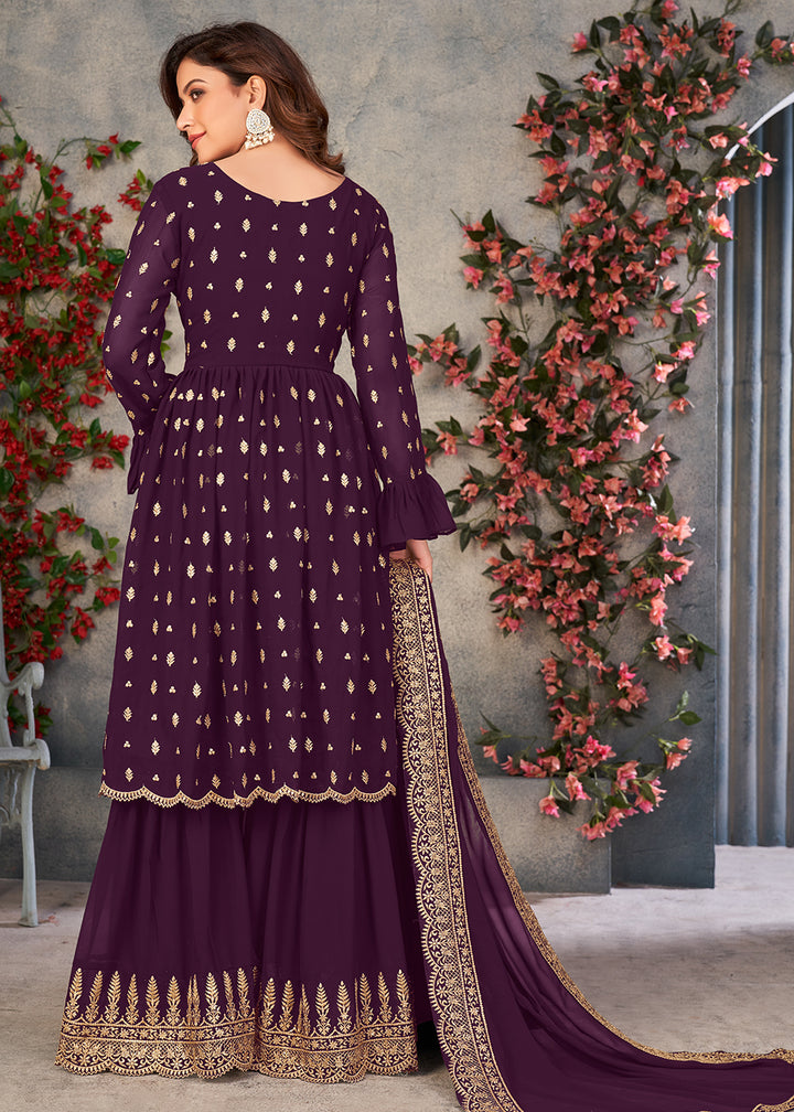 Shop Now Tempting Purple Georgette Sangeet Wear Sharara Suit Online at Empress Clothing in USA, UK, Canada, Germany & Worldwide.