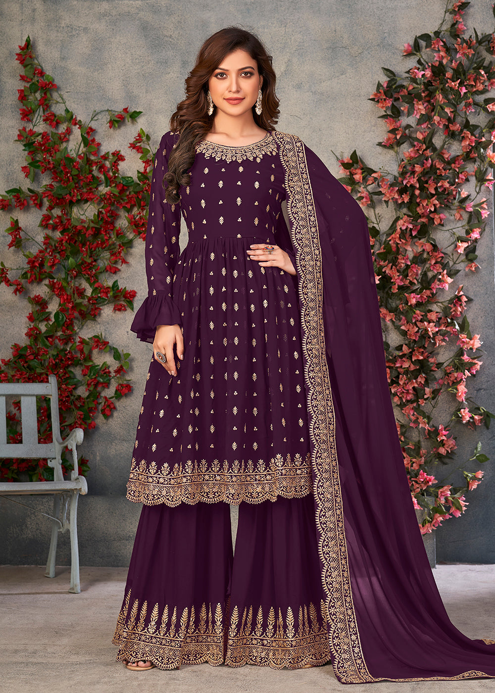 Shop Now Tempting Purple Georgette Sangeet Wear Sharara Suit Online at Empress Clothing in USA, UK, Canada, Germany & Worldwide.