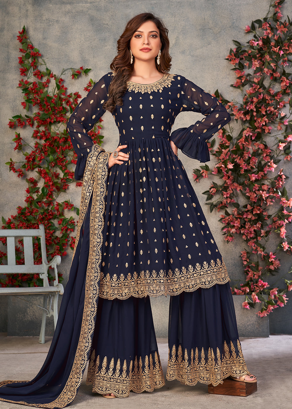 Shop Now Vintage Navy Blue Georgette Sangeet Wear Sharara Suit Online at Empress Clothing in USA, UK, Canada, Germany & Worldwide.