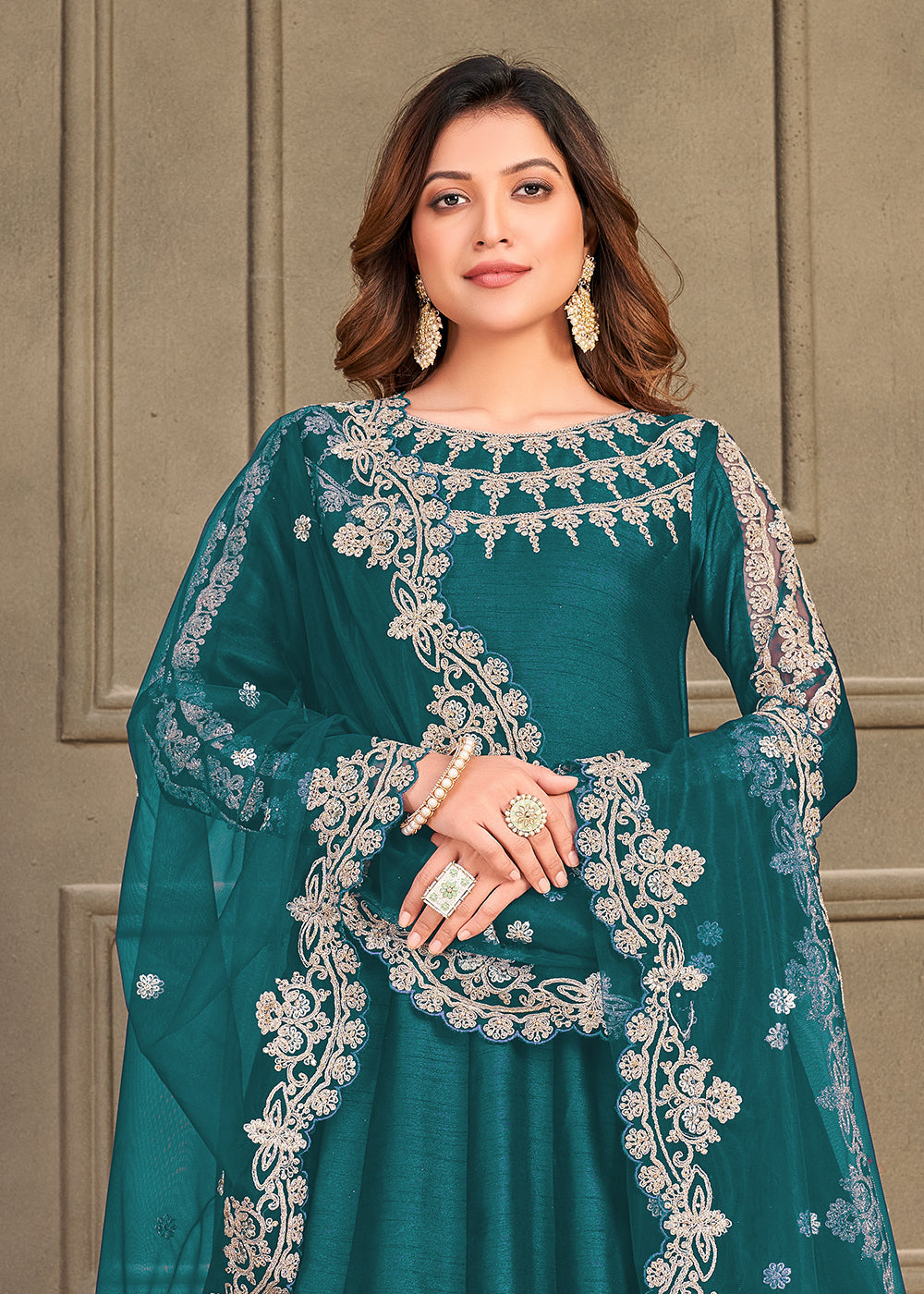 Buy Now Stylish Teal Green Art Silk Floor Length Anarkali Dress Online in USA, UK, Australia, New Zealand, Canada & Worldwide at Empress Clothing. 