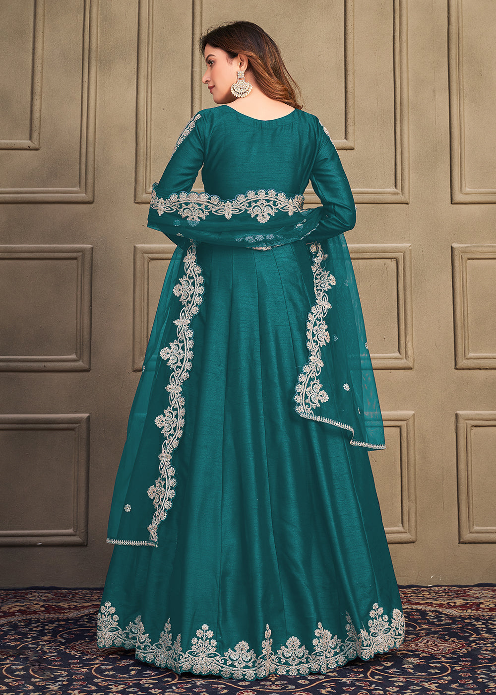 Floor Length Anarkali For Women's In Peacock Blue Color With Heavy Georgette