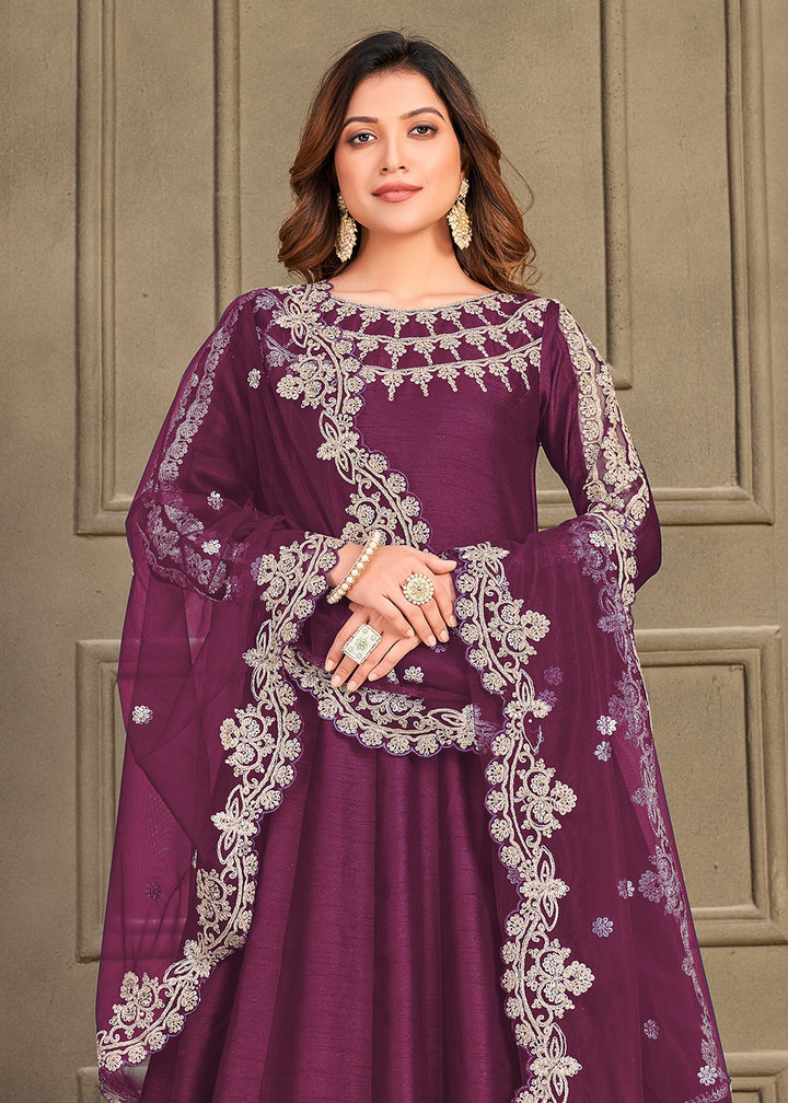 Buy Now Stylish Plum Purple Art Silk Floor Length Anarkali Dress Online in USA, UK, Australia, New Zealand, Canada & Worldwide at Empress Clothing.