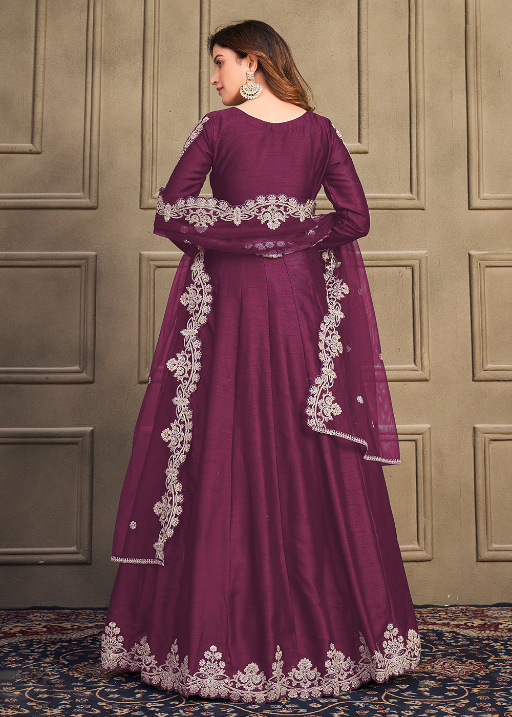 Buy Now Stylish Plum Purple Art Silk Floor Length Anarkali Dress Online in USA, UK, Australia, New Zealand, Canada & Worldwide at Empress Clothing.