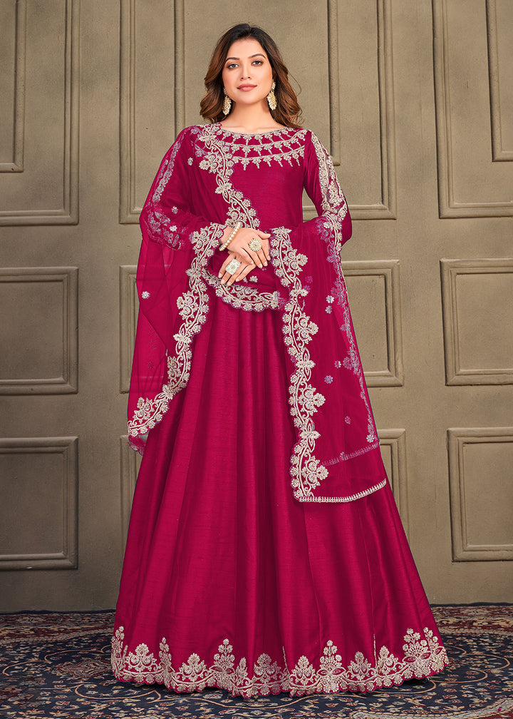 Buy Now Stylish Pinkish Red Art Silk Floor Length Anarkali Dress Online in USA, UK, Australia, New Zealand, Canada & Worldwide at Empress Clothing.