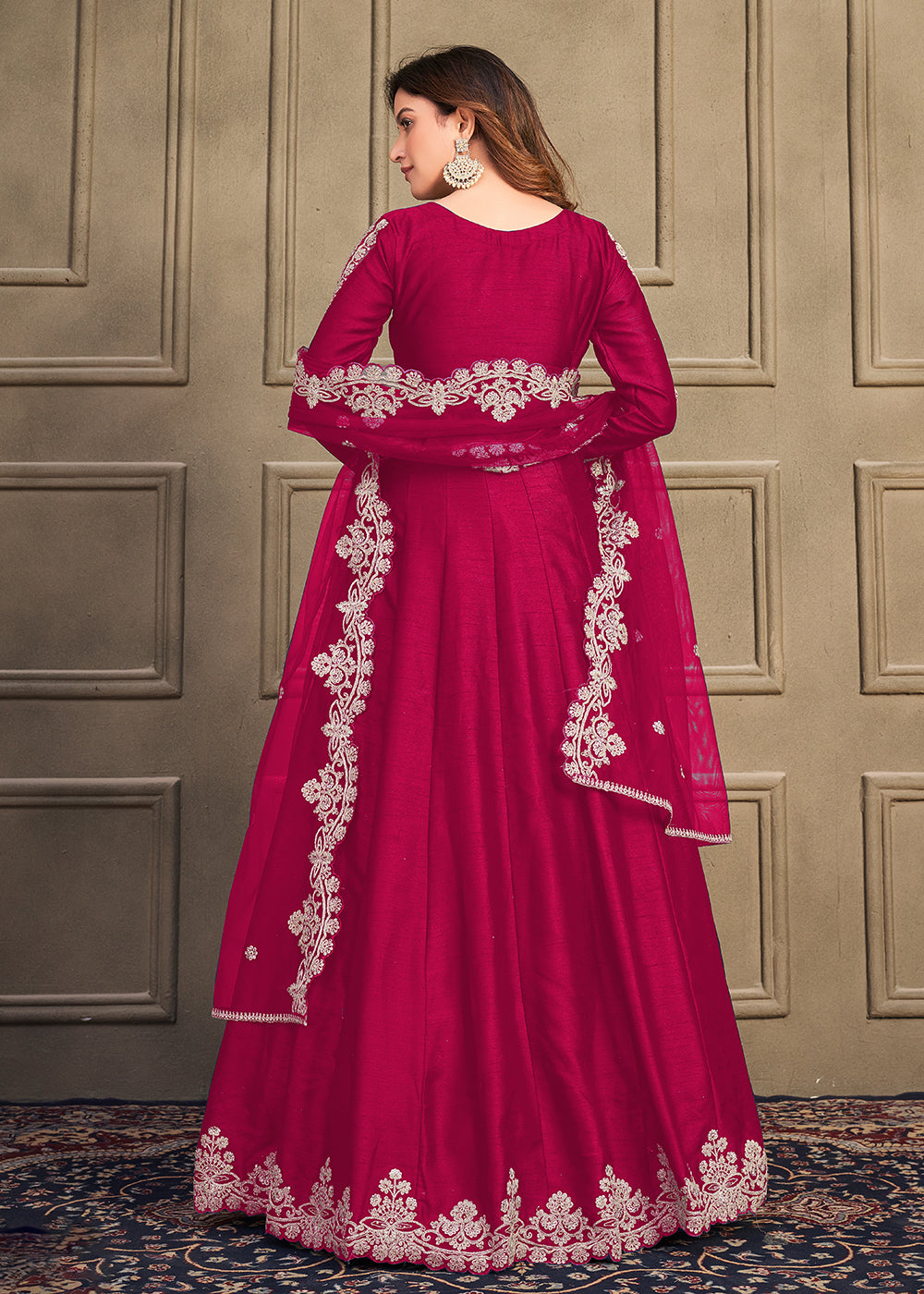 Buy Now Stylish Pinkish Red Art Silk Floor Length Anarkali Dress Online in USA, UK, Australia, New Zealand, Canada & Worldwide at Empress Clothing.
