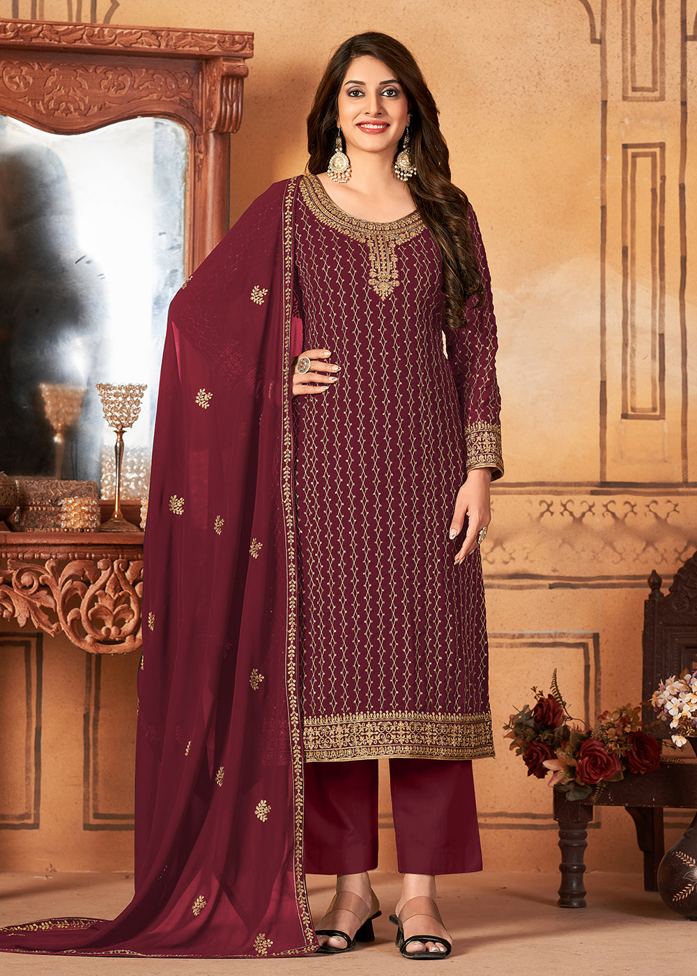 Buy Now Traditional Dazzling Maroon Embroidered Festival Salwar Suit Online in USA, UK, Canada & Worldwide at Empress Clothing. 