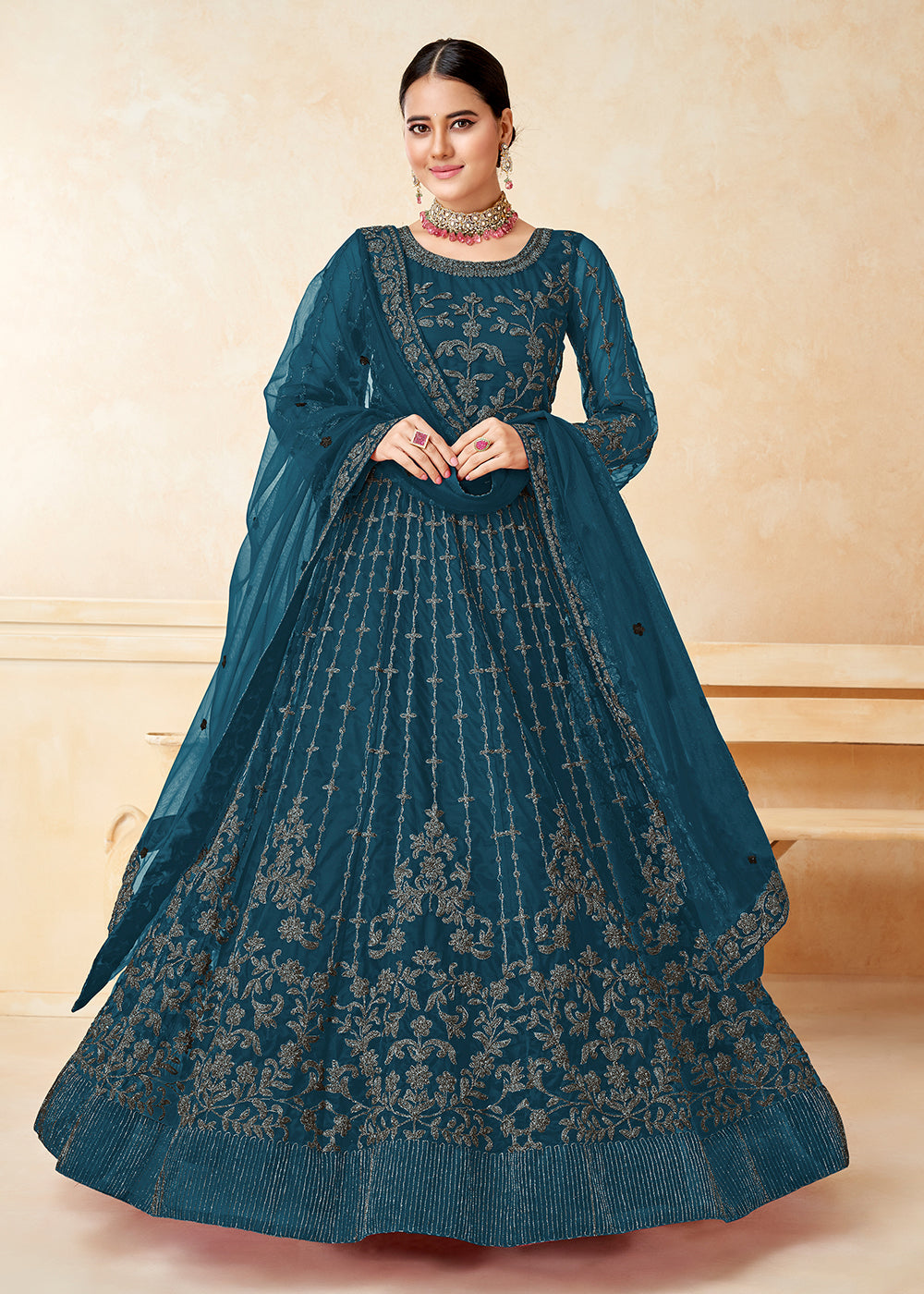 Buy Now Tempting Teal Blue Net Wedding Wear Anarkali Dress Online in USA, UK, Australia, New Zealand, Canada & Worldwide at Empress Clothing.
