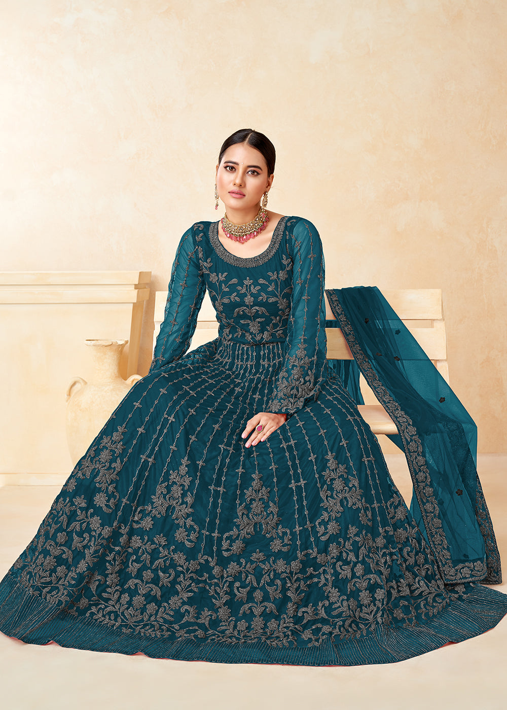 Buy Now Tempting Teal Blue Net Wedding Wear Anarkali Dress Online in USA, UK, Australia, New Zealand, Canada & Worldwide at Empress Clothing.