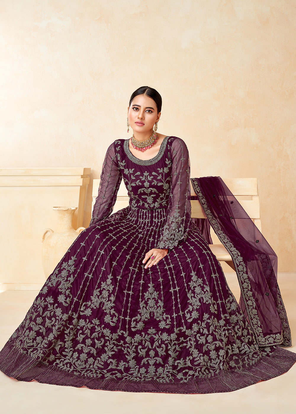 Buy Now Alluring Wine Purple Net Wedding Wear Anarkali Dress Online in USA, UK, Australia, New Zealand, Canada & Worldwide at Empress Clothing.