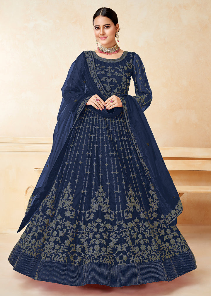Buy Now Excellent Dark Blue Net Wedding Wear Anarkali Dress Online in USA, UK, Australia, New Zealand, Canada & Worldwide at Empress Clothing.