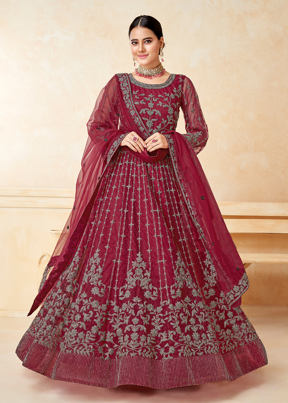 Buy Now Elegant Maroon Net Wedding Wear Anarkali Dress Online in USA, UK, Australia, New Zealand, Canada & Worldwide at Empress Clothing.