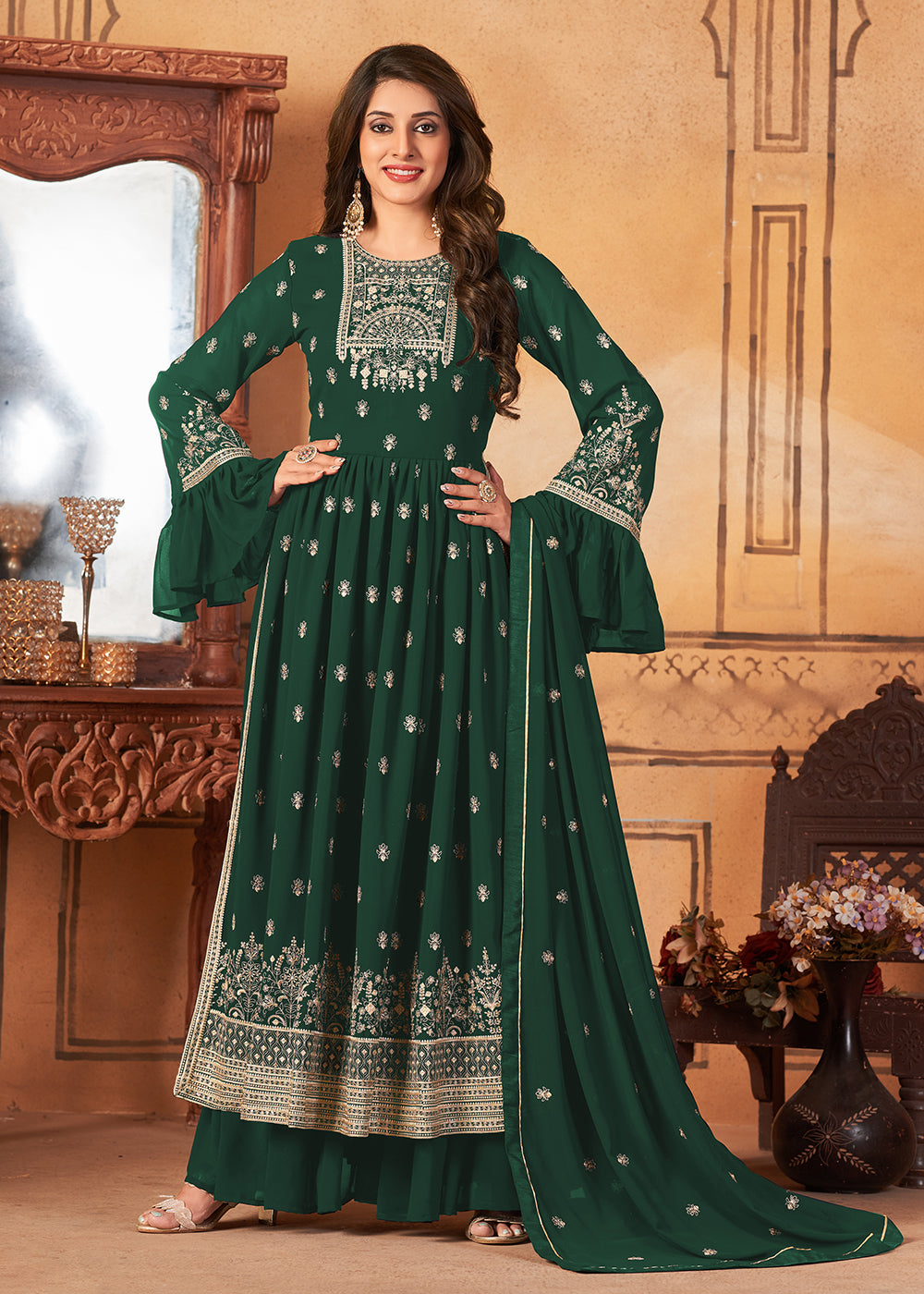 Buy Now Bell Sleeved Glittering Green Wedding Function Suit Set Online in USA, UK, Canada & Worldwide at Empress Clothing.