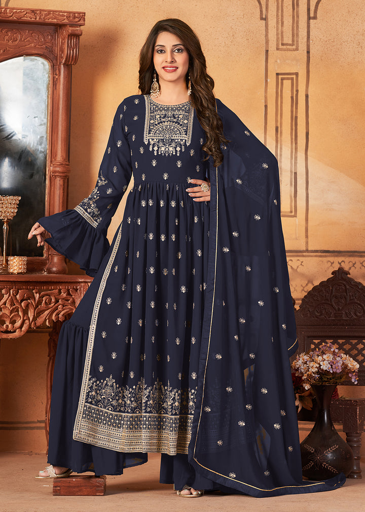 Buy Now Bell Sleeved Dazzling Blue Wedding Function Suit Set Online in USA, UK, Canada & Worldwide at Empress Clothing.