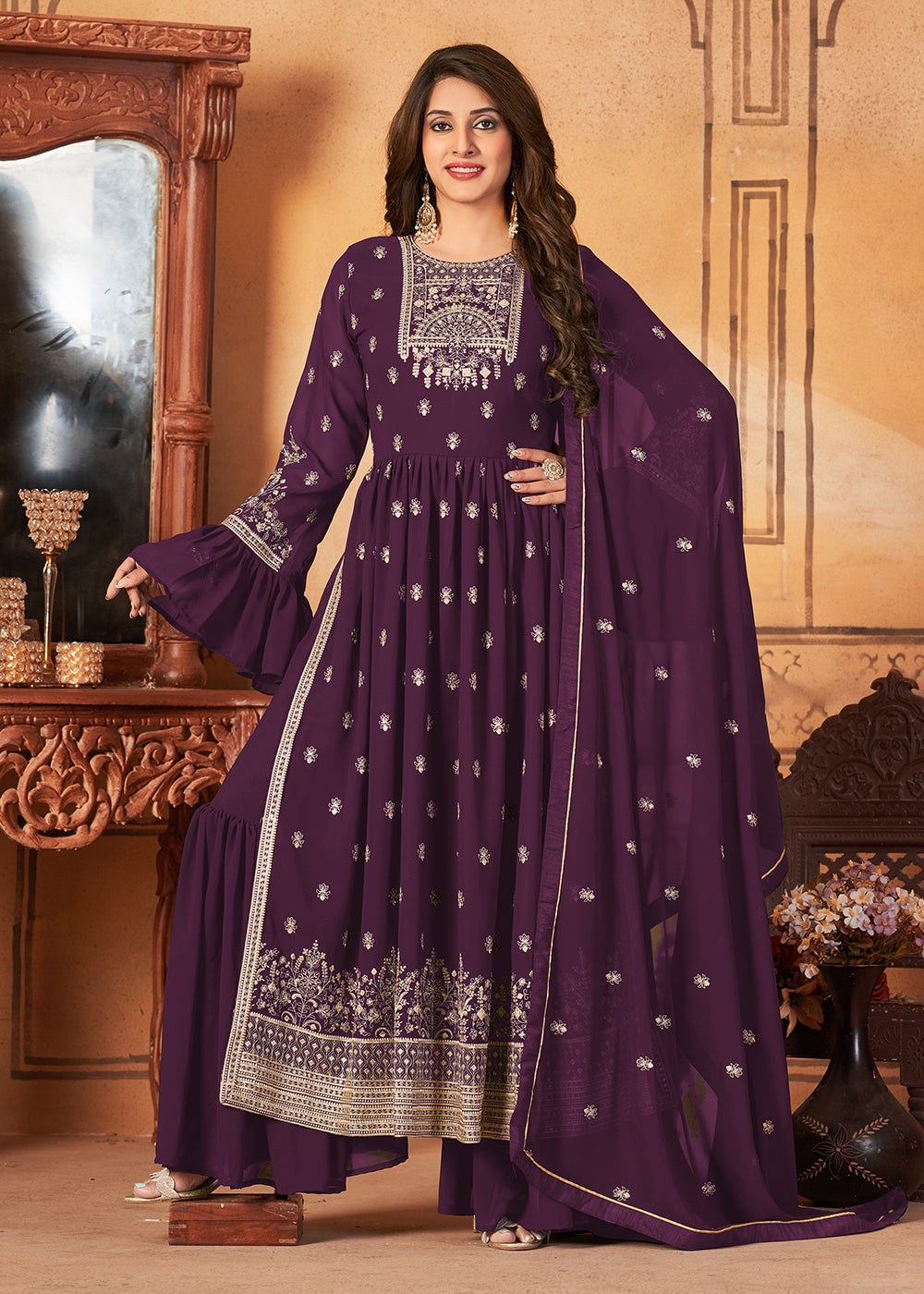 Buy Now Bell Sleeved Fascinating Purple Wedding Function Suit Set Online in USA, UK, Canada & Worldwide at Empress Clothing. 