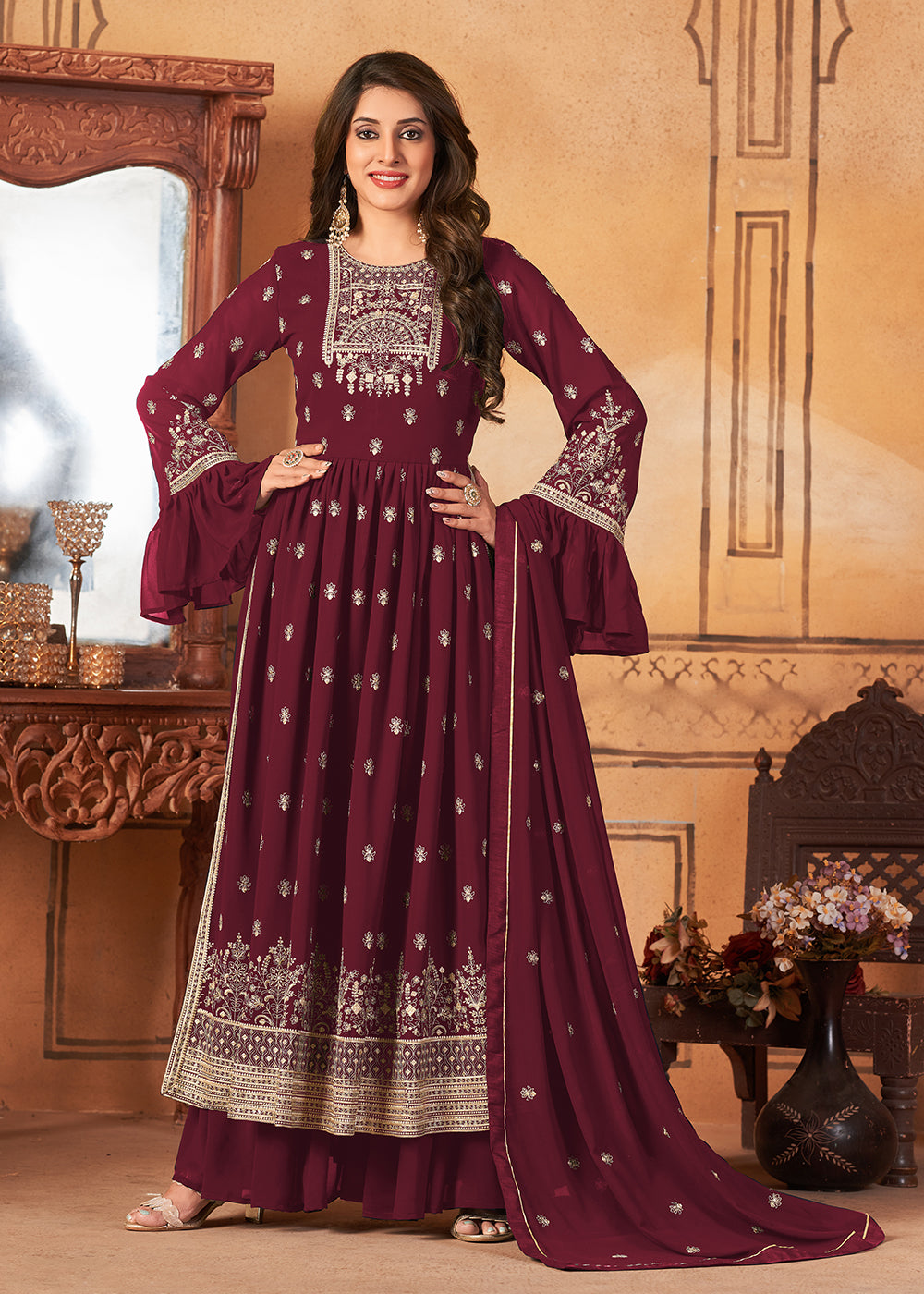 Buy Now Bell Sleeved Radiant Maroon Wedding Function Suit Set Online in USA, UK, Canada & Worldwide at Empress Clothing.